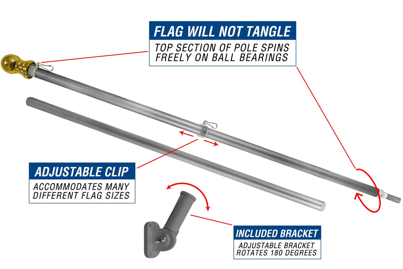 6ft Spinning Stabilizer Flag Pole & Adjustable Bracket Kit (Silver) - Flags Importer