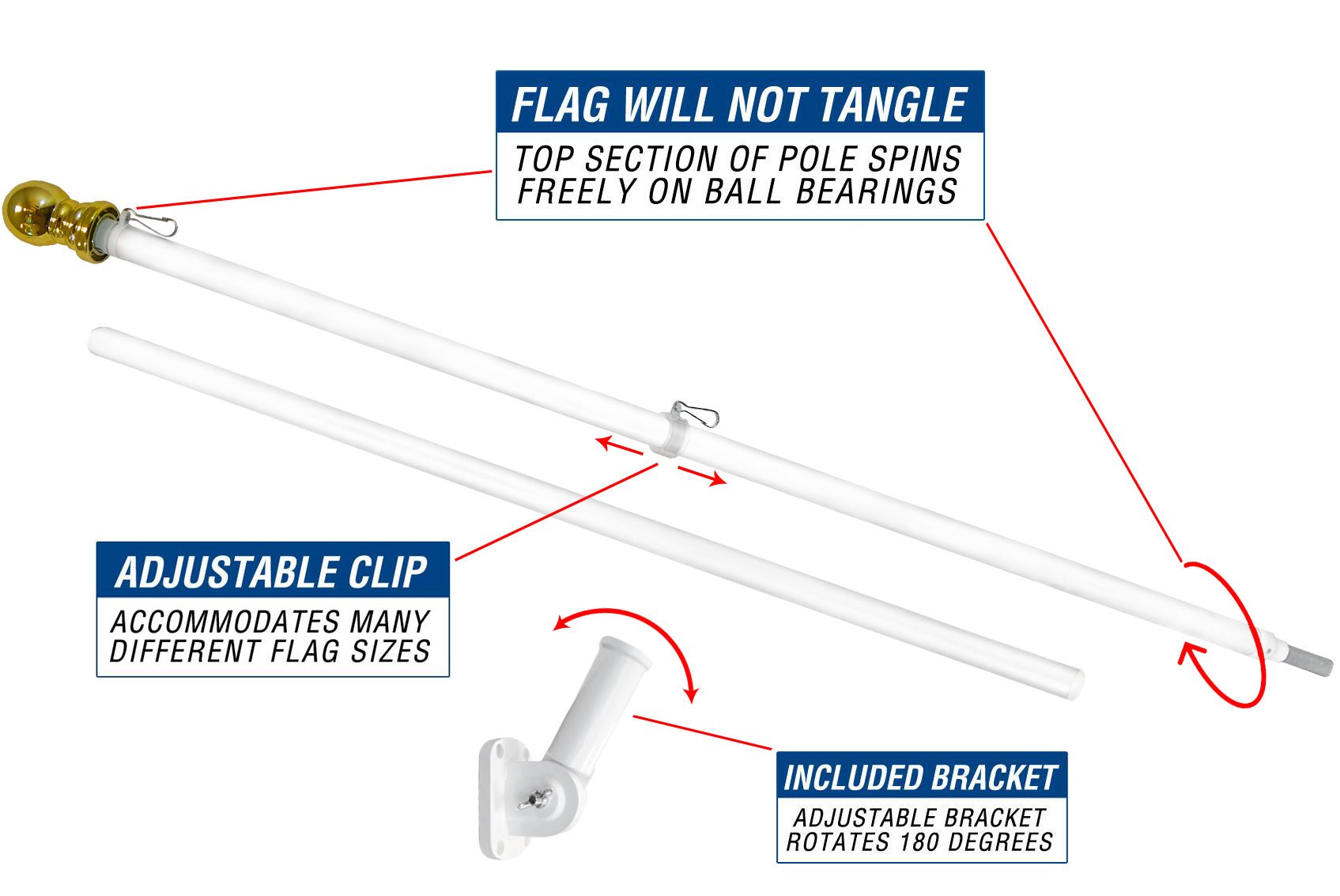 6ft Spinning Stabilizer Flag Pole & Adjustable Bracket Kit (White) - Flags Importer