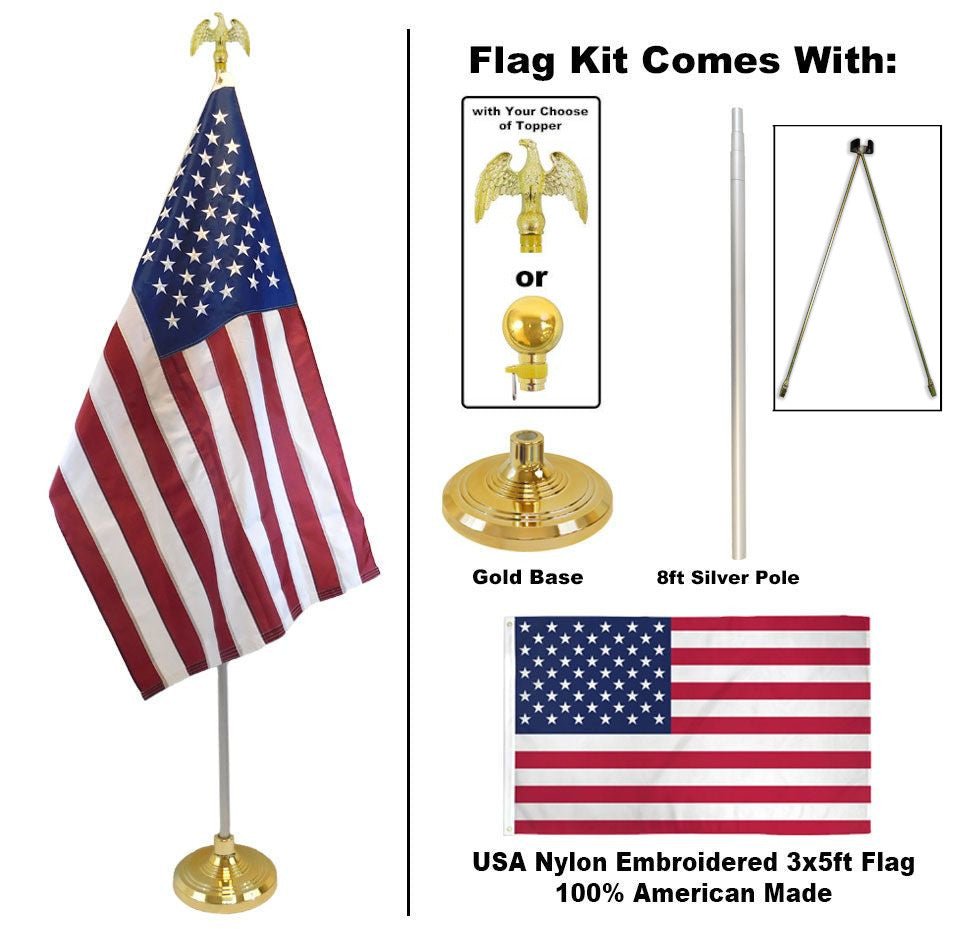 8ft Silver Indoor Pole and American Made USA Flag Kit - Flags Importer