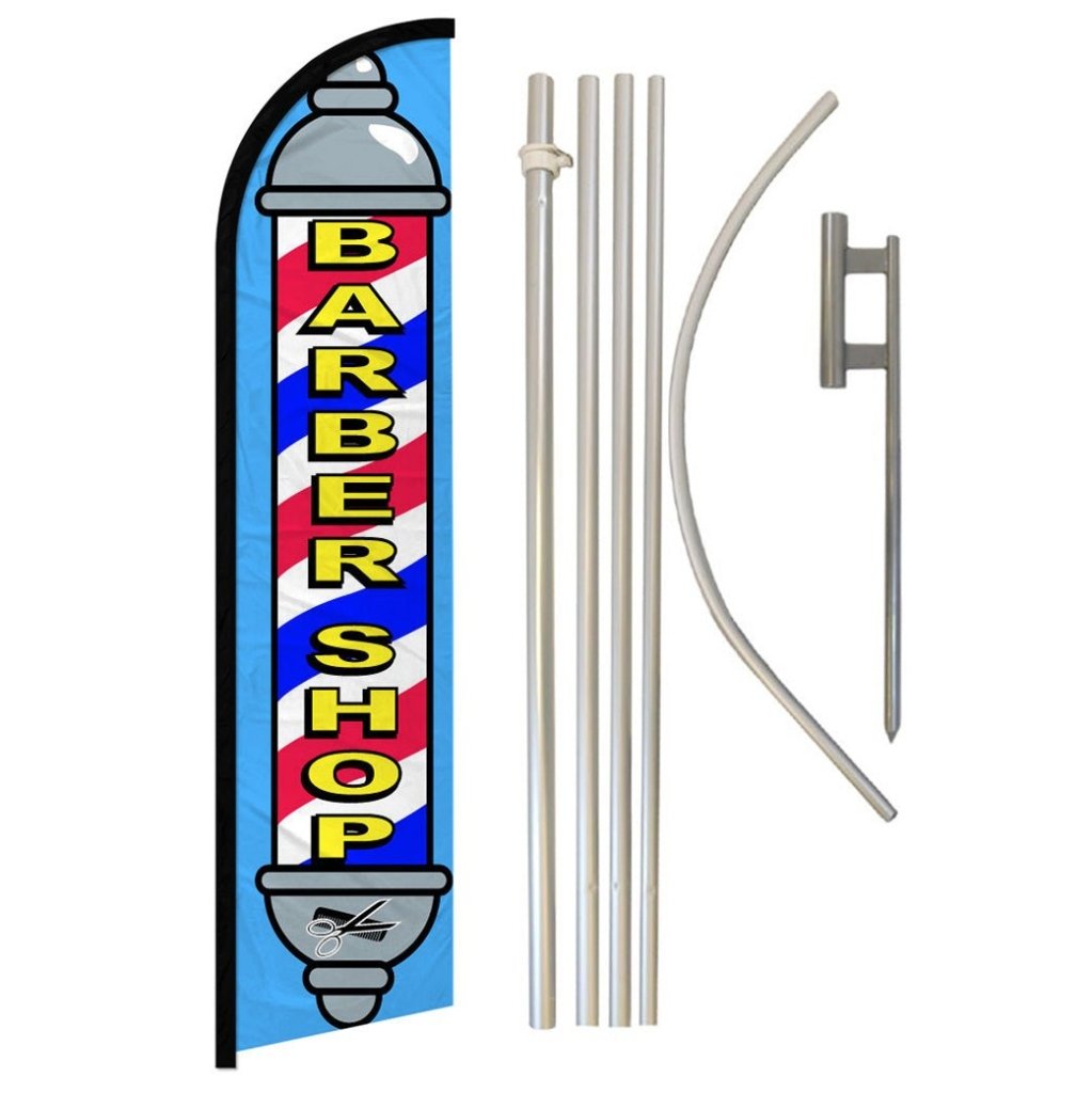 Barber Shop (Blue) Windless Banner Flag & Pole Kit - Flags Importer