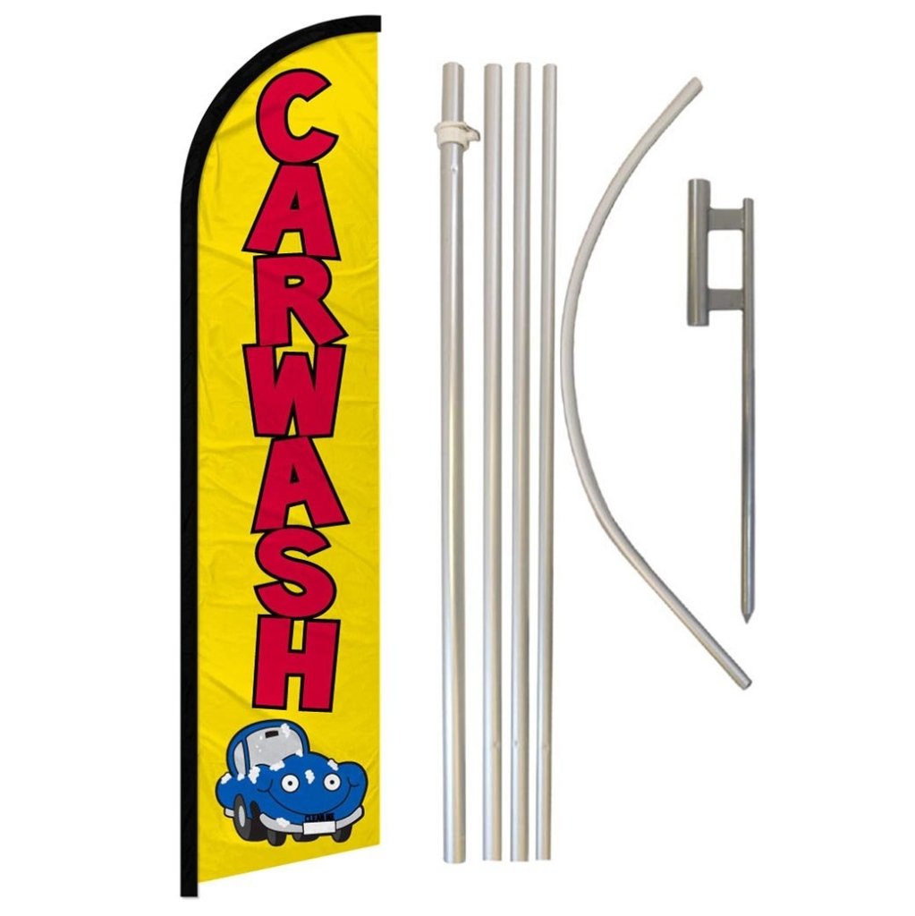 Car Wash (Yellow) Windless Banner Flag & Pole Kit - Flags Importer