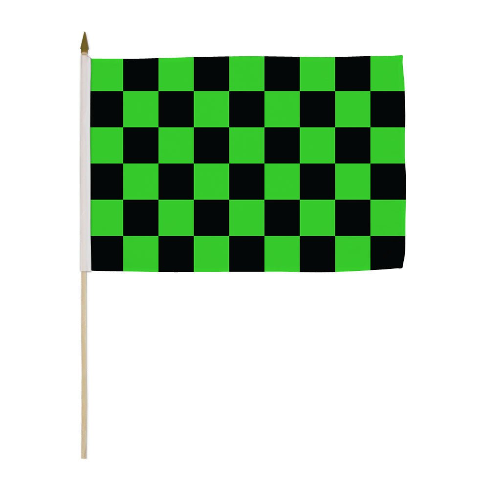 Green & Black Checkered 12x18in Stick Flag - Flags Importer