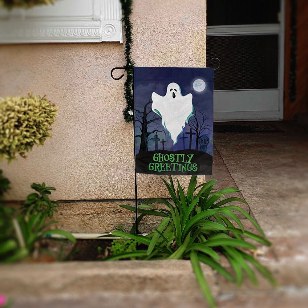 H&G Studios Ghostly Greetings (Halloween) 12x18in Garden Flag - Flags Importer