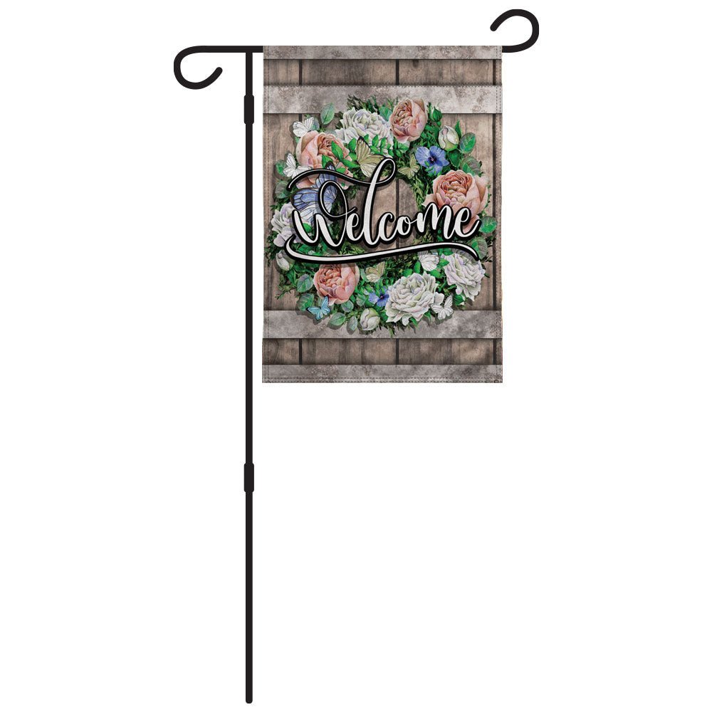 H&G Studios Welcome (Wreath Roses) 12x18in Garden Flag - Flags Importer