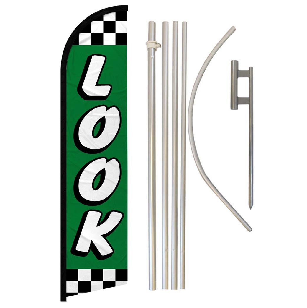 Look (Green Checkered) Windless Banner Flag & Pole Kit - Flags Importer