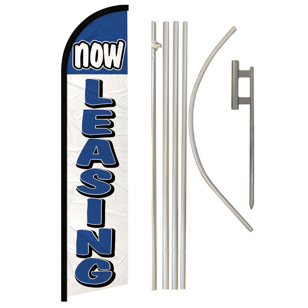 Now Leasing (Blue & White) Windless Banner Flag & Pole Kit - Flags Importer