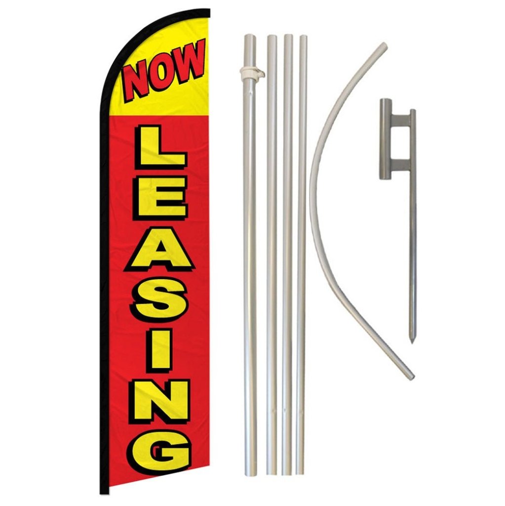 Now Leasing (Red & Yellow) Windless Banner Flag & Pole Kit - Flags Importer