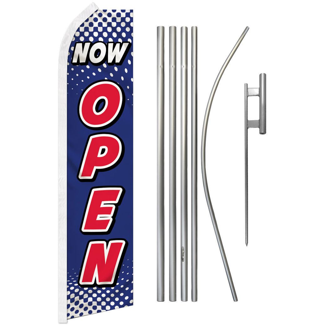 Now Open (Blue & White) Super Flag & Pole Kit - Flags Importer