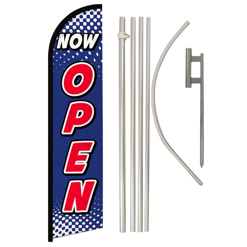 Now Open (Blue & White) Windless Banner Flag & Pole Kit - Flags Importer