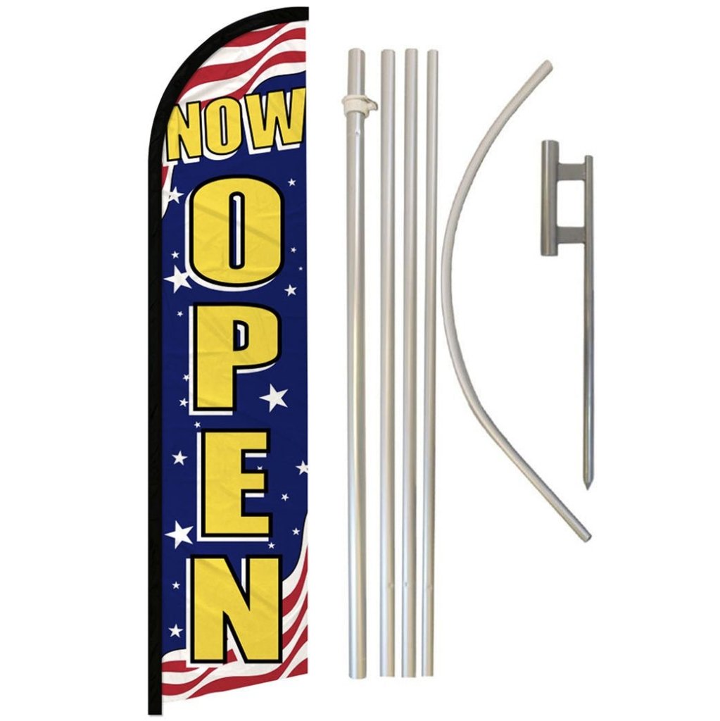 Now Open (Patriotic) Windless Banner Flag & Pole Kit - Flags Importer