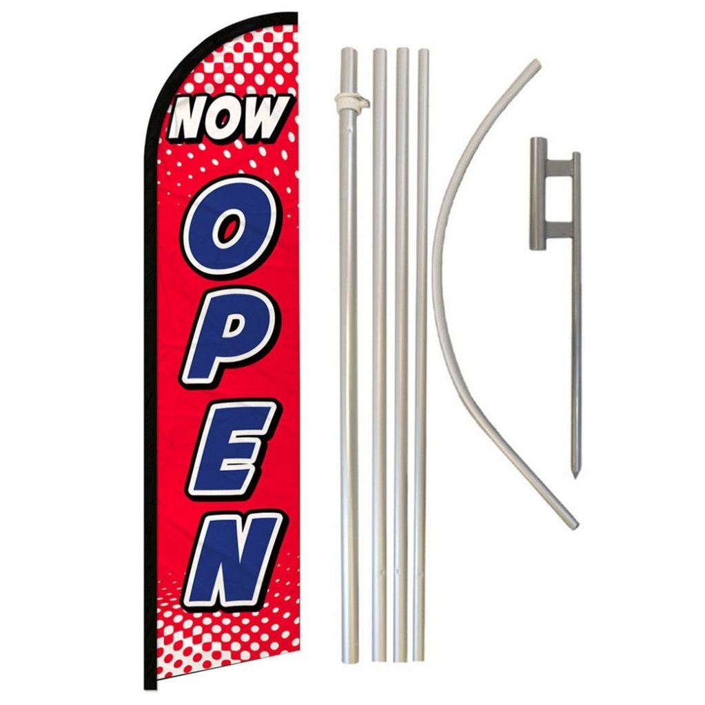 Now Open (Red & White) Windless Banner Flag & Pole Kit - Flags Importer