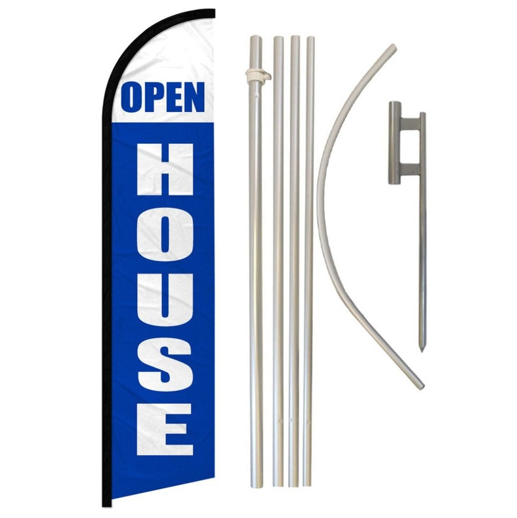 Open House (Blue & White) Windless Banner Flag & Pole Kit - Flags Importer