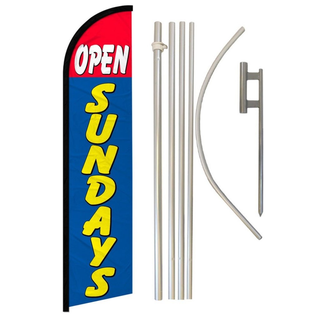 Open Sundays (Red & Blue) Windless Banner Flag & Pole Kit - Flags Importer