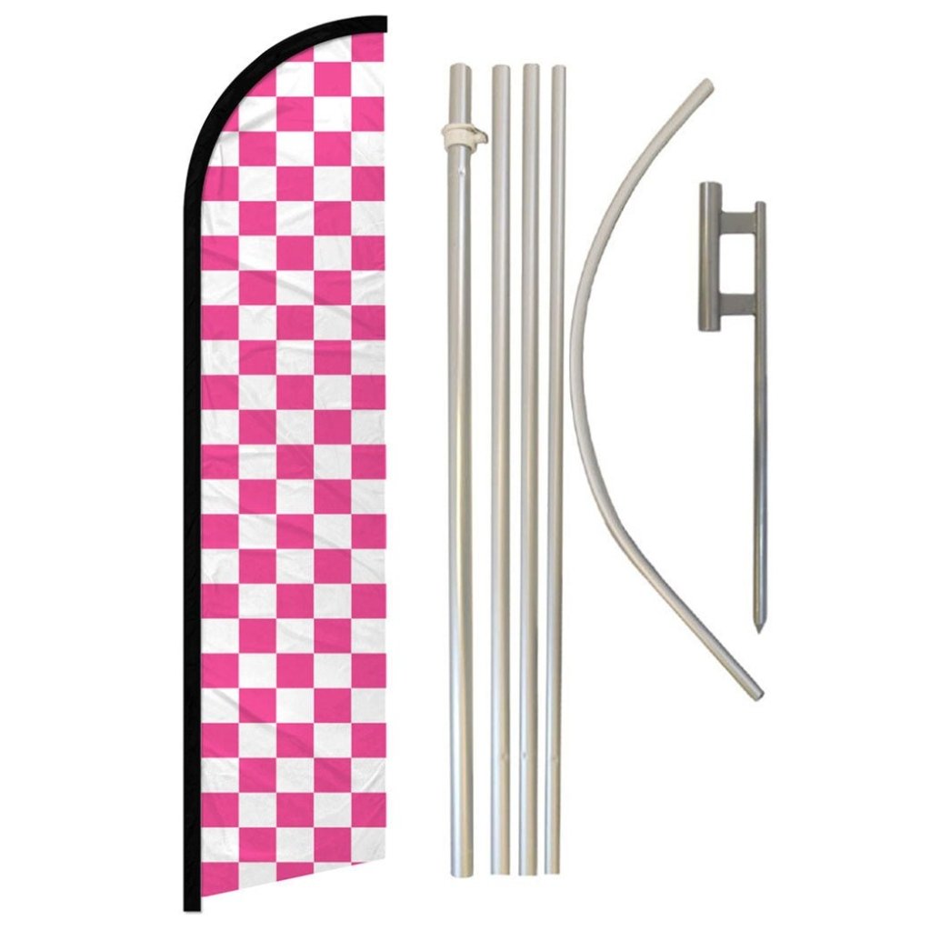 Pink & White Checkered Windless Banner Flag & Pole Kit - Flags Importer