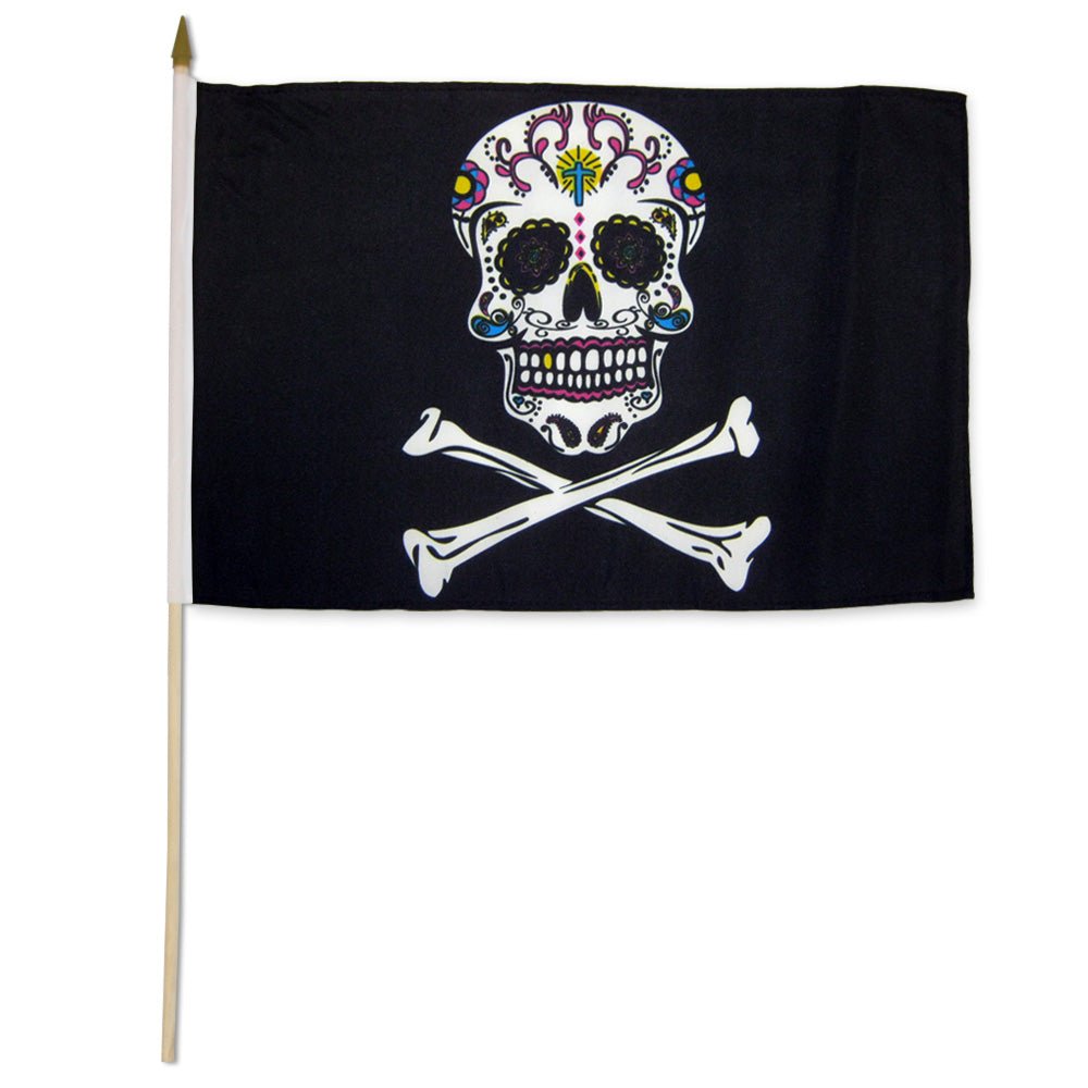 Pirate Sugar Skull 12x18in Stick Flag - Flags Importer