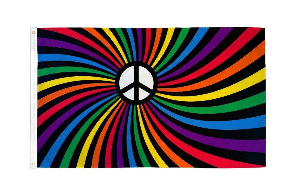 Rainbow Peace Swirl (Black Peace Sign) Flag 3x5ft Poly - Flags Importer