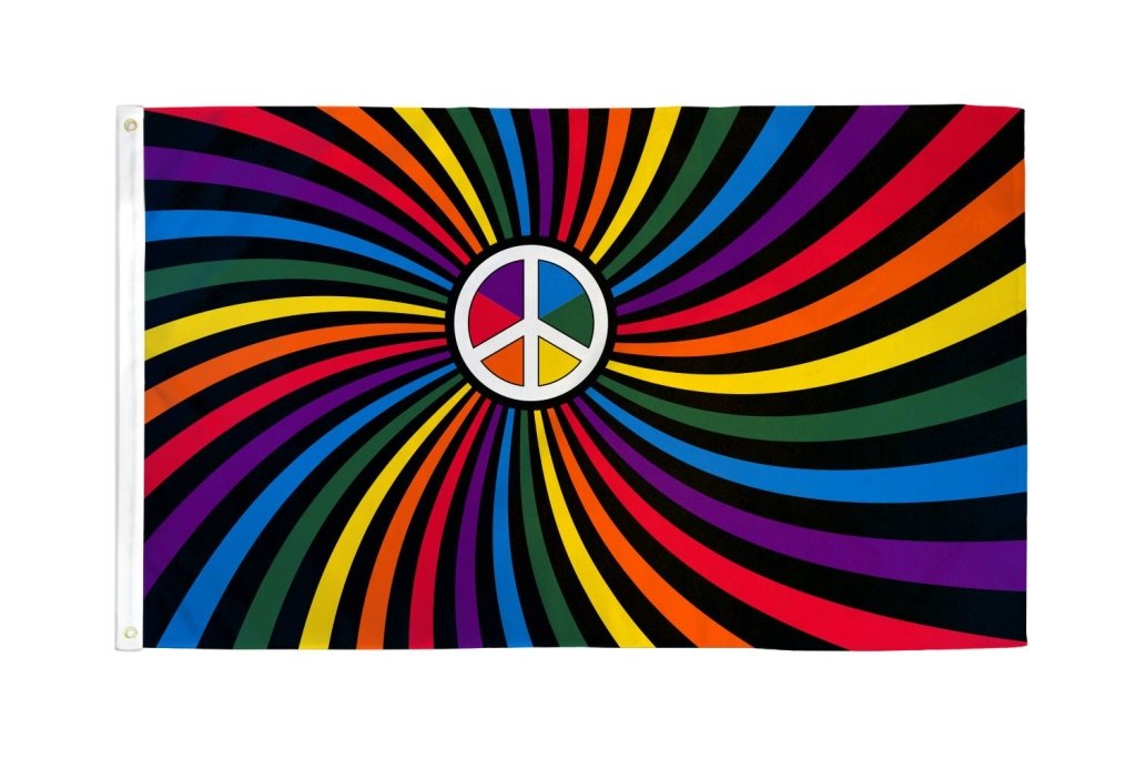 Rainbow Peace Swirl (White Peace Sign) Flag 3x5ft Poly - Flags Importer