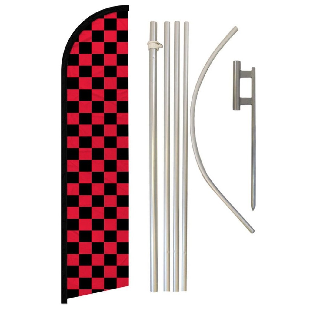 Red & Black Checkered Windless Banner Flag & Pole Kit - Flags Importer