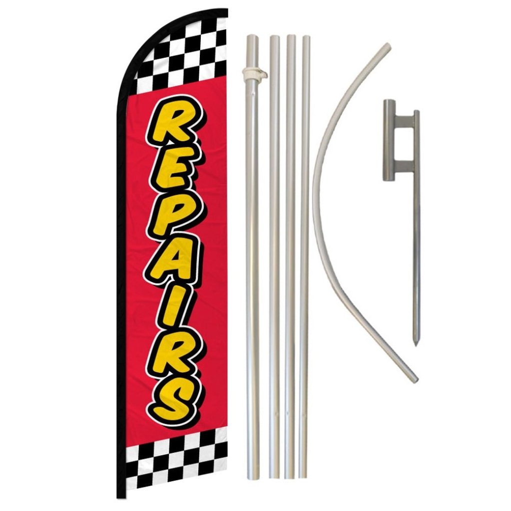 Repairs (Red Checkered) Windless Banner Flag & Pole Kit - Flags Importer