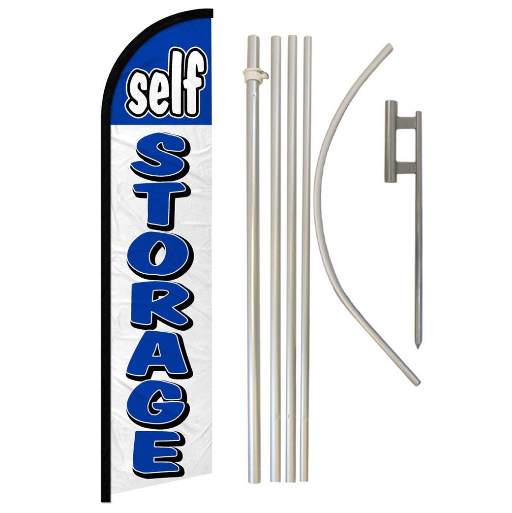 Self Storage (Blue & White) Windless Banner Flag & Pole Kit - Flags Importer