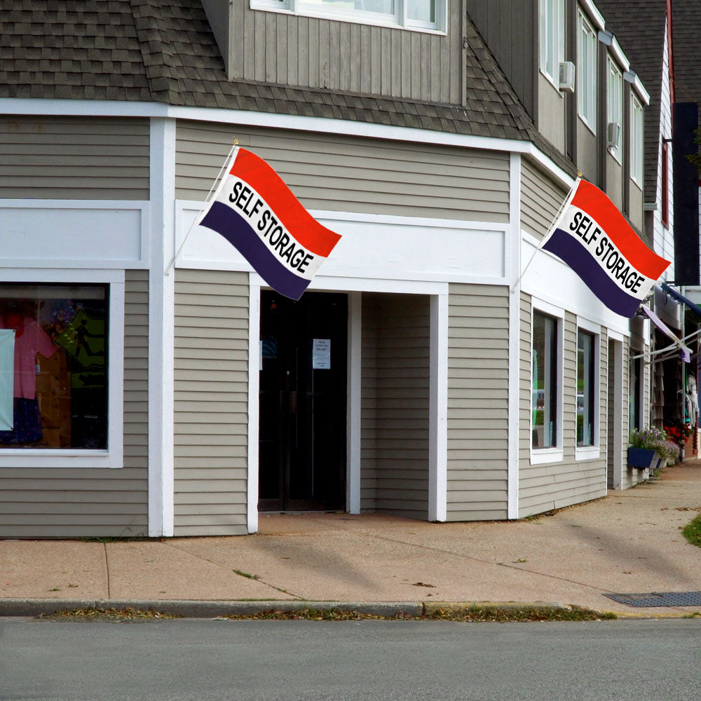 Self Storage Printed Polyester Flag 3ft by 5ft on 6ft Pole Mounted Outside Business