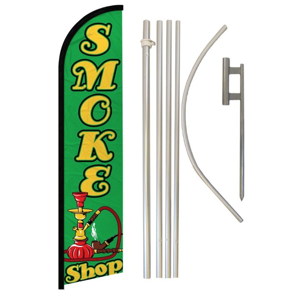 Smoke Shop (Green) Windless Banner Flag & Pole Kit - Flags Importer