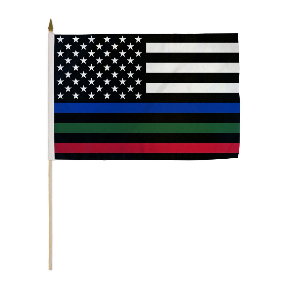 Thin Blue/Green/Red Line USA 12x18in Stick Flag - Flags Importer