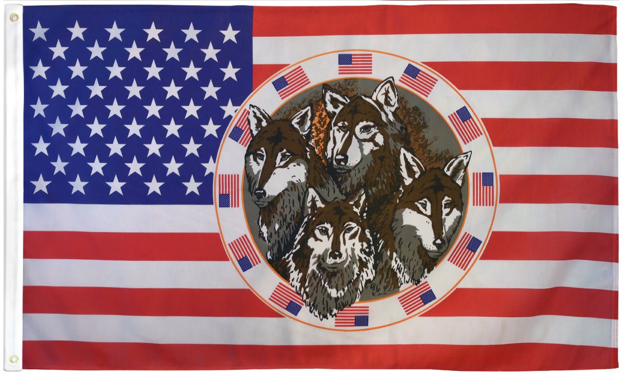 USA 4 Wolves Flag 3x5ft Poly - Flags Importer