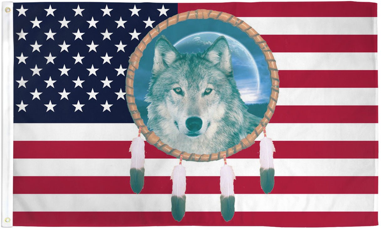 USA Dream Catcher Wolf Flag 3x5ft Poly - Flags Importer