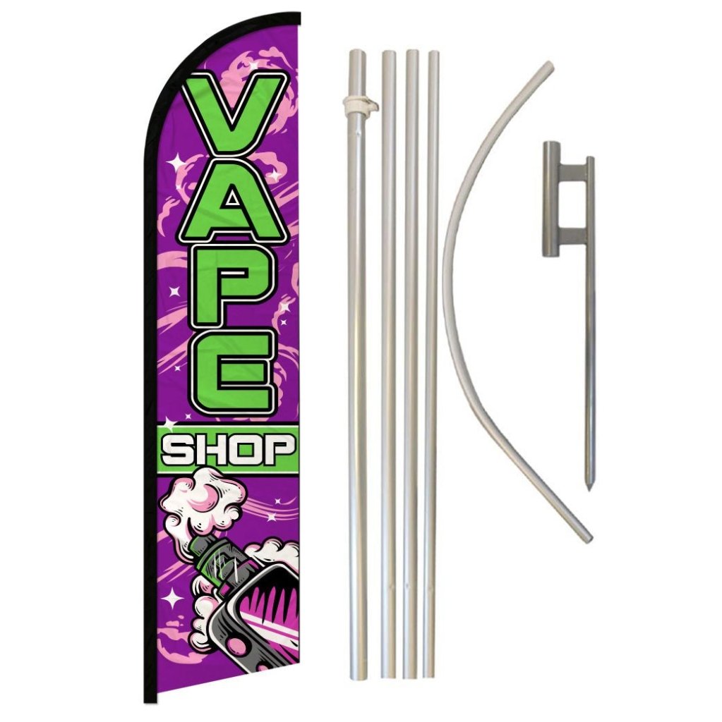 Vape Shop (Purple & Green) Windless Banner Flag & Pole Kit - Flags Importer