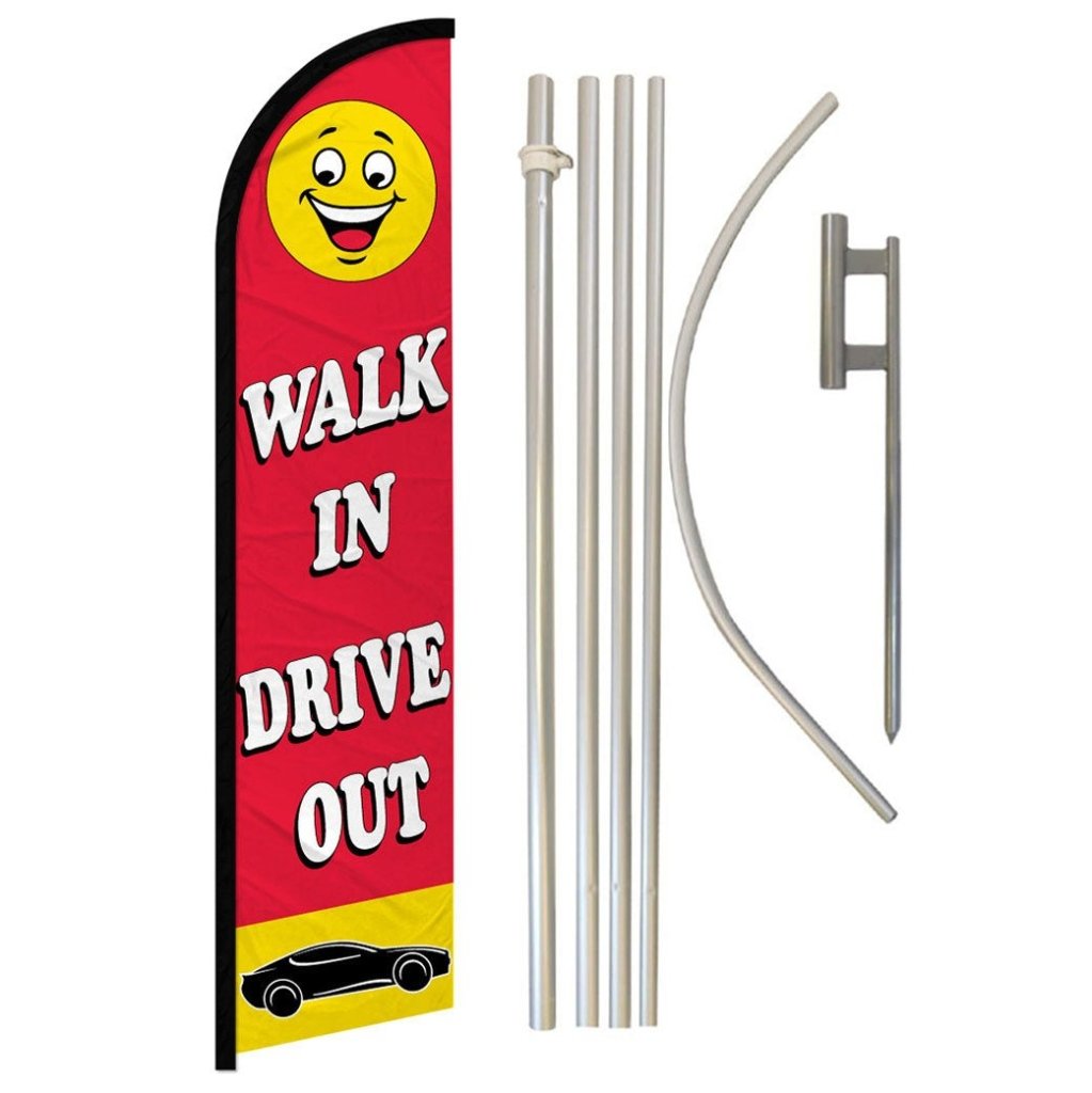 Walk In Drive Out (Red) Windless Banner Flag & Pole Kit - Flags Importer