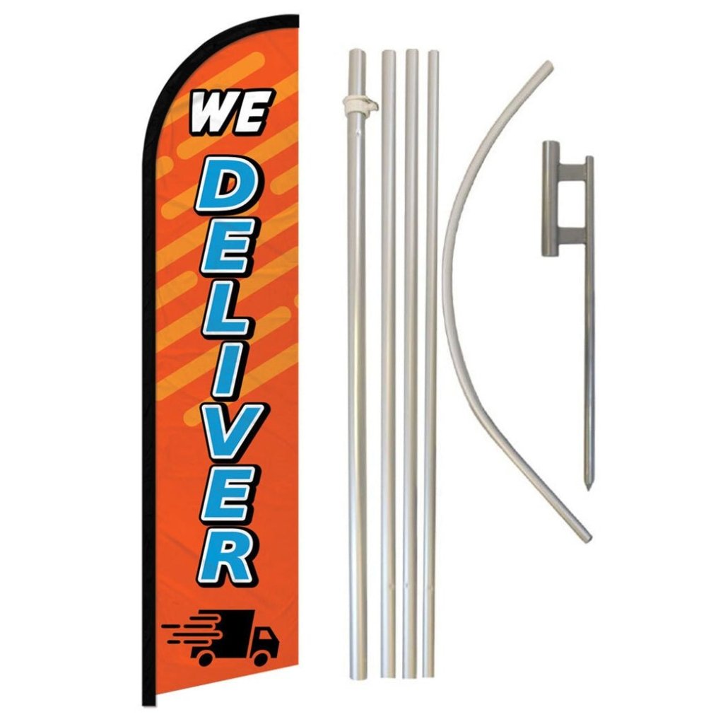 We Deliver (Orange & Blue) Windless Banner Flag & Pole Kit - Flags Importer