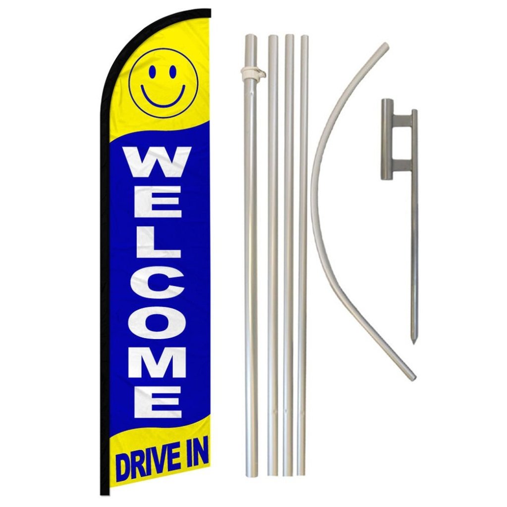 Welcome Drive In Windless Banner Flag & Pole Kit - Flags Importer