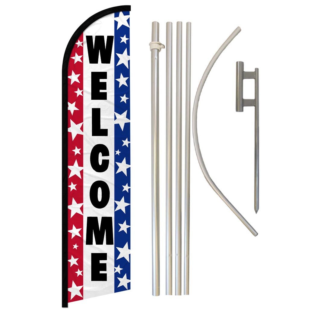 Welcome (Stars RWB) Windless Banner Flag & Pole Kit - Flags Importer