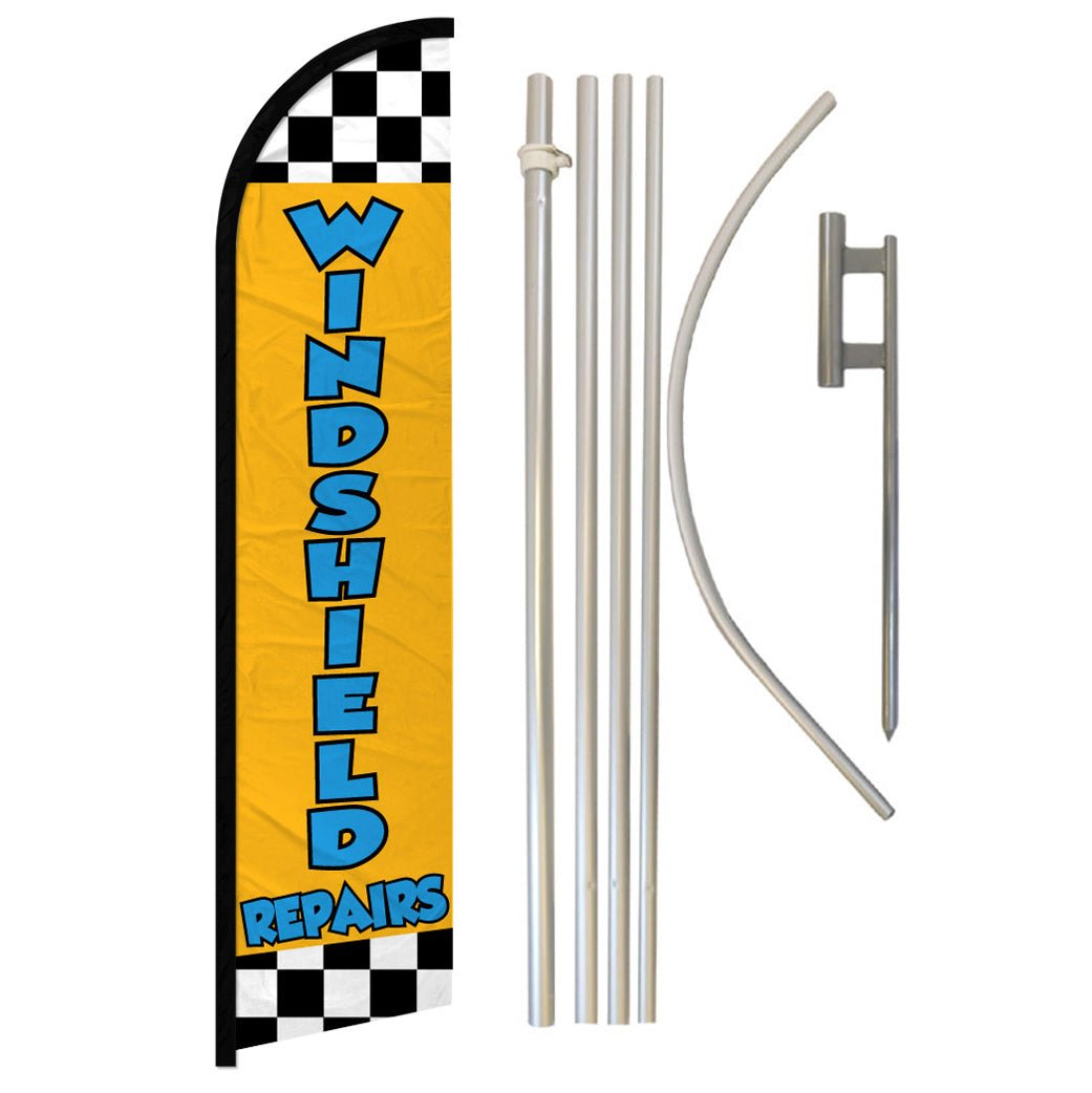 Windshield Repairs (Yellow) Windless Banner Flag & Pole Kit - Flags Importer