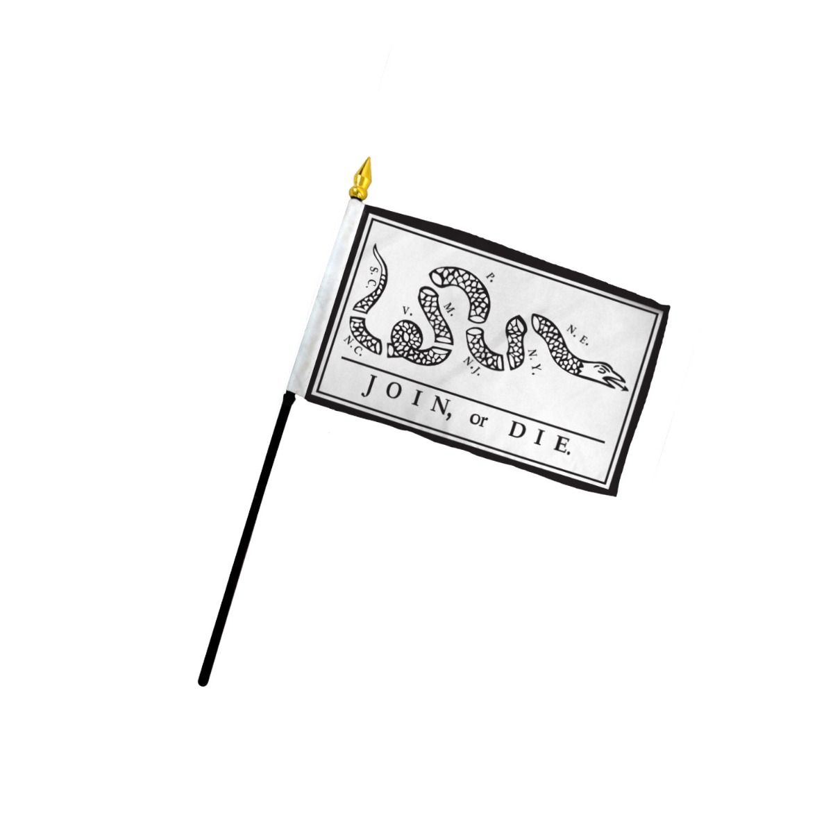 Join Or Die 4x6in Stick Flag, Flags Importer